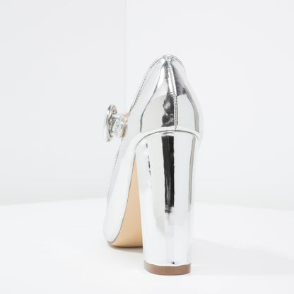 Women's Silver Mary Jane Pumps Chunky Heels Office Shoes