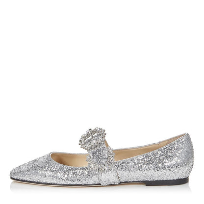 Silver Glitter Rhinestone Square Toe Buckle Comfortable Flats