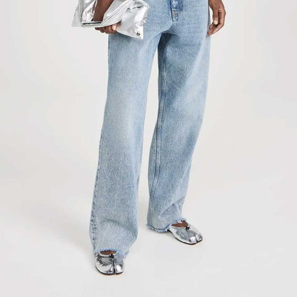 Silver Crinkled Metallic Split Round Toe Flats with Decorative Knot