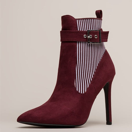 White Stripes Maroon Pointy Toe Stiletto Heel Buckle Ankle Boots