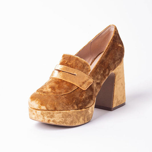 Classy Gold Velvet Block Heel Round Toe Platform Loafers Women