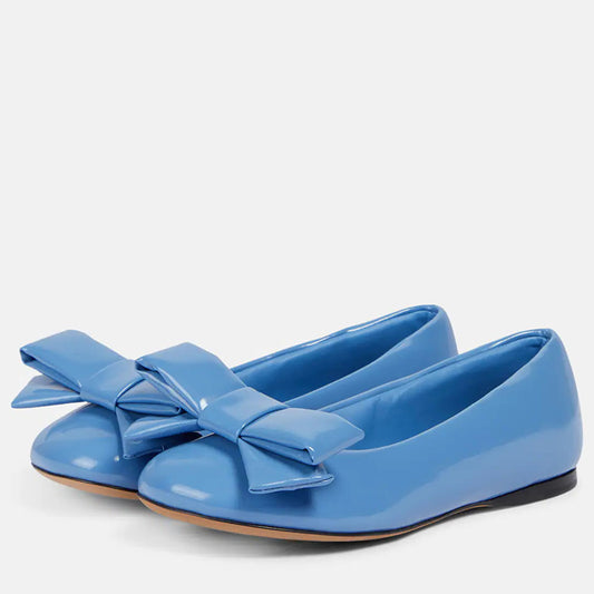 Blue Vegan Patent Leather Closed Toe Bow Embellished Flat Shoes