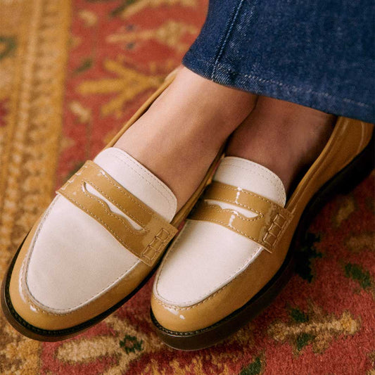 Tan and White Round Toe Business Flat Penny Loafers Women