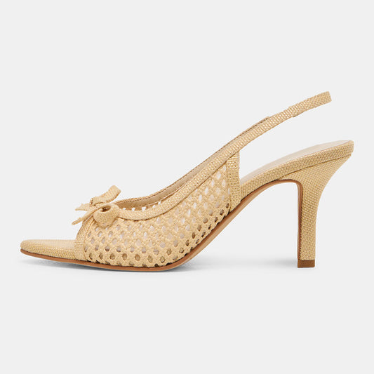 Beige Woven Raffia Open Toe Cut-Out Slingback Stiletto Heeled Sandals