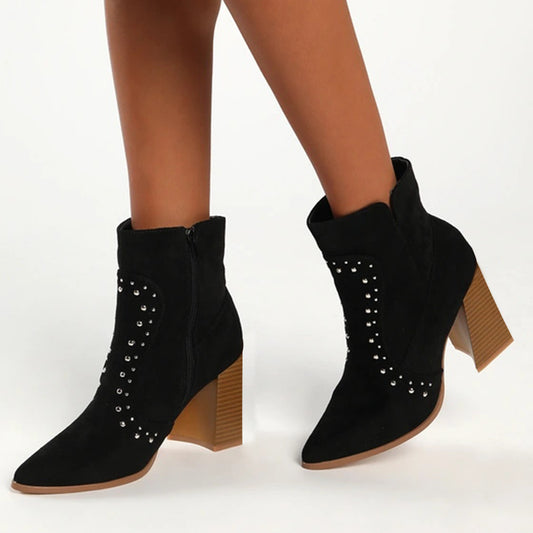 Black Vegan Suede Pointed Toe Studded Heeled Ankle Boots for Women