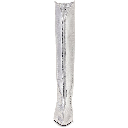 Silver Chunky Heel Croco Embossed Pointed Toe Knee High Boots