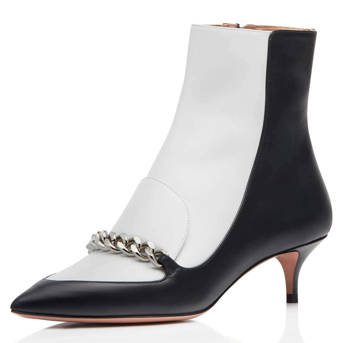 Black & White Pointed Toe Kitten Heel Ankle Boots with Chain Decor