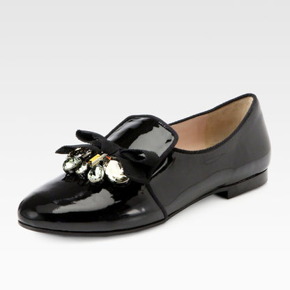 Black Patent Leather Crystal Bow Flats Women's Loafers