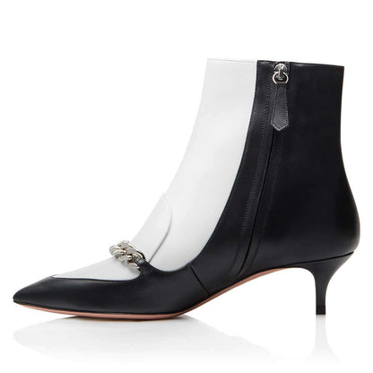 Black & White Pointed Toe Kitten Heel Ankle Boots with Chain Decor