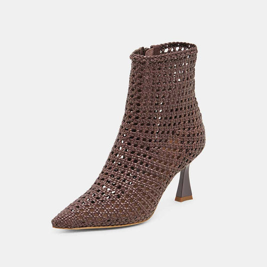 Brown Woven Pointed Toe Flared Heel Zipper Booties for Women