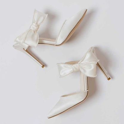 White Satin Closed Toe 4'' Stiletto Heel Mules with Bow