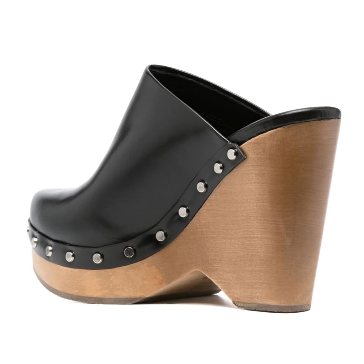 Women's Black Round Toe Slip On Studded Wedge High Heel Mules