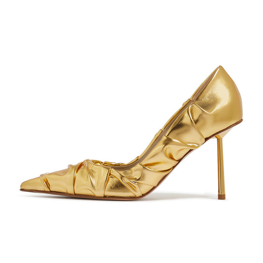 Metallic Gold Party Stiletto Heels Pointed Toe Ruched Pumps Shoes