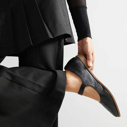 Black Vegan Leather Pointed Toe Button Strap Mary Jane Flats