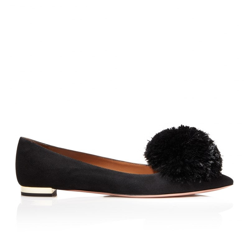 Black Cute Pom Pom Shoes Vegan Suede Pointy Toe Casual Flats