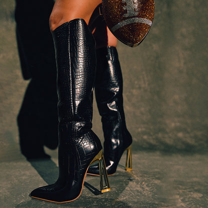 Black Crocodile Embossed Closed Toe Sculptural Heel Knee High Boots