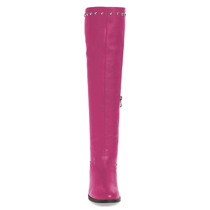 Fuchsia Studded Round Toe Flat Knee High Boots for Women
