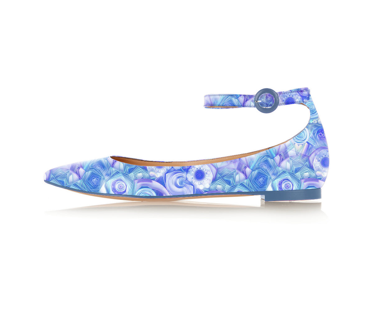 FSJ Blue Printed Ankle Strap Pointed Toe Flats for Women