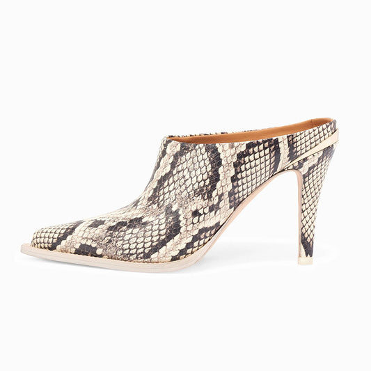 Beige and Black Vegan Leather Pointed Toe Python Print Mule Heels