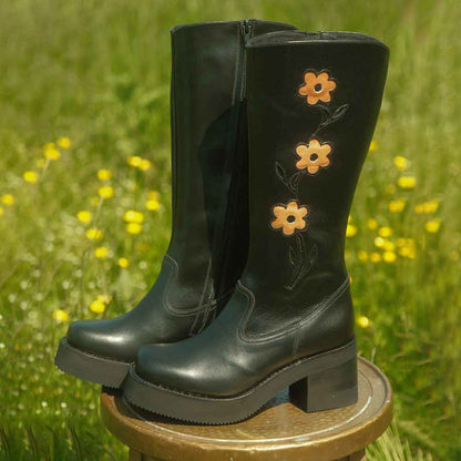 Black Square Toe Flower Inlay Chunky Heel Platform Mid Calf Boots