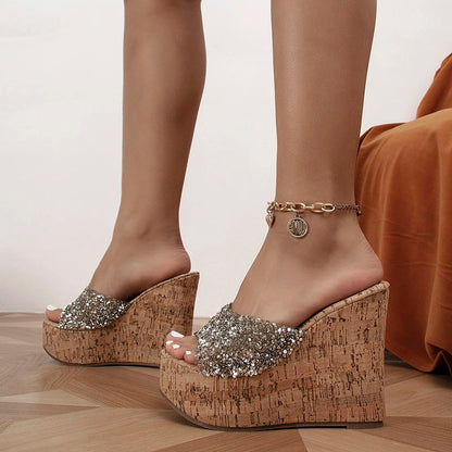 Women's Classic Glitter Shoes Sparkling Sandals Wedge Platform Mules