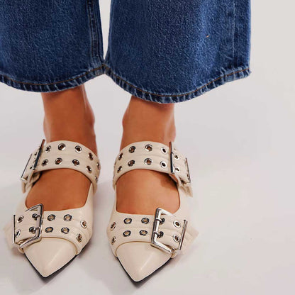 Ivory Pointed Toe Double Grommet Buckle Strap Slingback Flats
