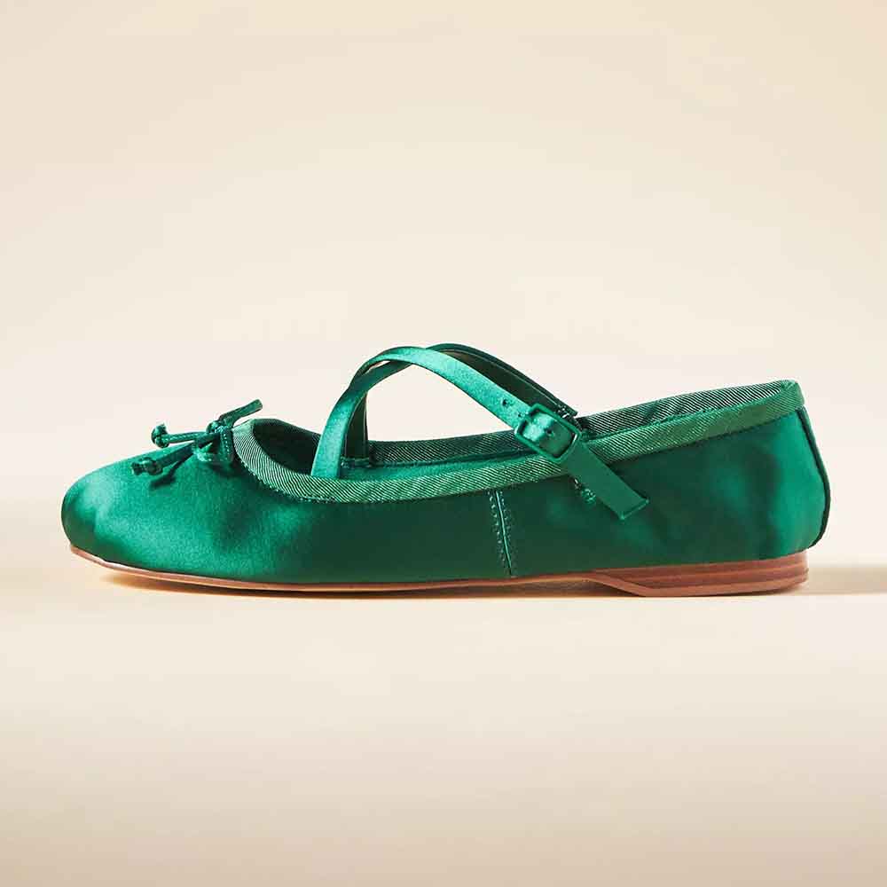 Green Satin Round Toe Criss-Cross Slip-On Ballet Flats with Bow