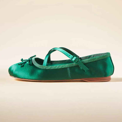 Green Satin Round Toe Criss-Cross Slip-On Ballet Flats with Bow