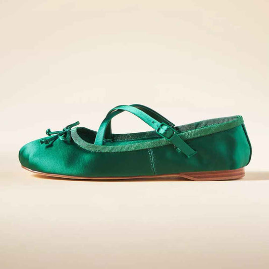 Green Satin Round Toe Criss-Cross Slip-On Ballet Flats with Bow