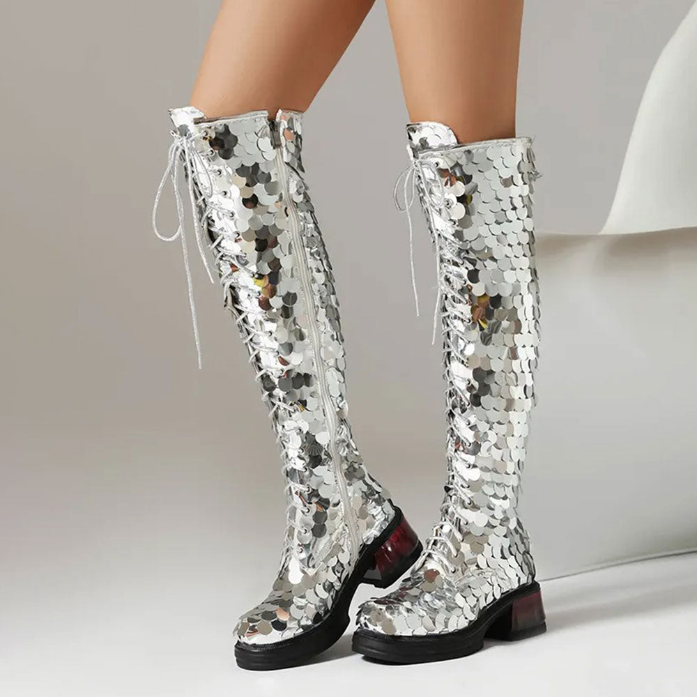 Silver Sequin Round Toe Lace-Up Chunky Heel Zipper Knee High Boots