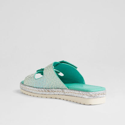 Women's Turquoise Woven Square Buckle Espadrille Slides Shoes