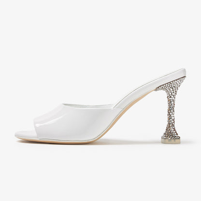 White Open Toe Rhinestone Decor Flared Heel Mules Sandals