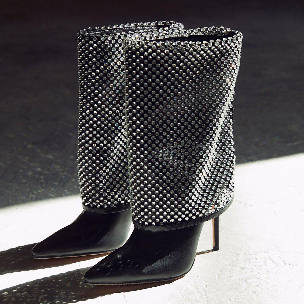 Stylish Black Rhinestone Mesh Overlay Stiletto Heel Mid Calf Boots