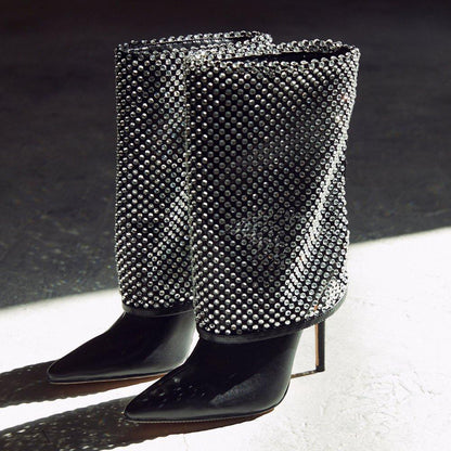 Stylish Black Rhinestone Mesh Overlay Stiletto Heel Mid Calf Boots