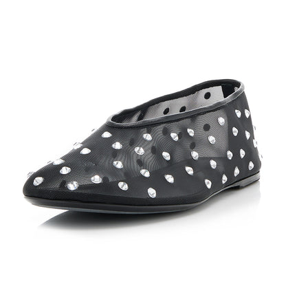 Women's Black Mesh Round-Toe Rhinestone Embellished Flats
