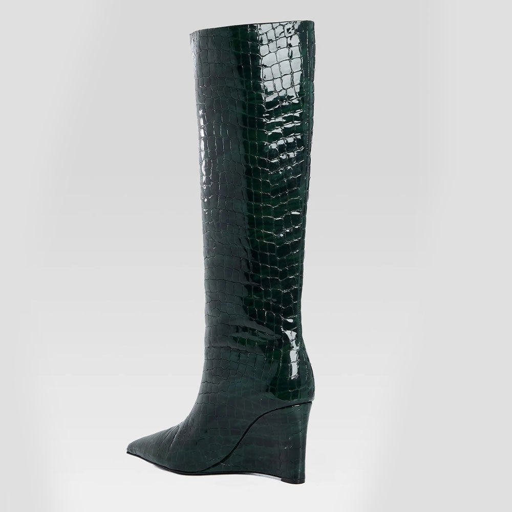 Dark Green Pointed Toe Croc Embossed Wedge Heel Knee High Boots