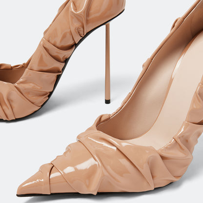 Women's Pointed Toe Nude Pumps Patent Leather Ruched Stiletto Heels