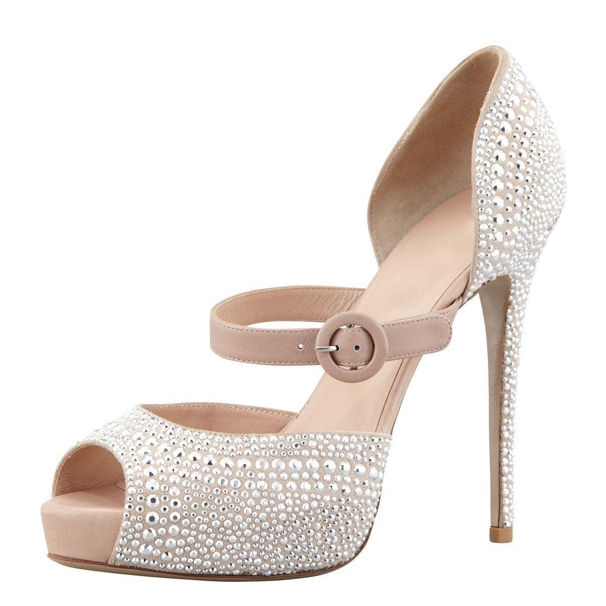 Nude Prom Shoes Peep Toe Studded Buckle Strap Platform Stiletto Heels