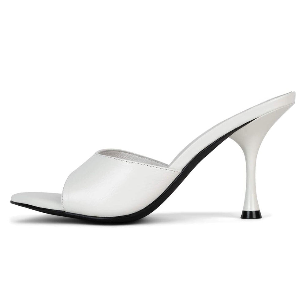 White Vegan Leather Round Toe 3__ Flared Heel Sophisticated Mules