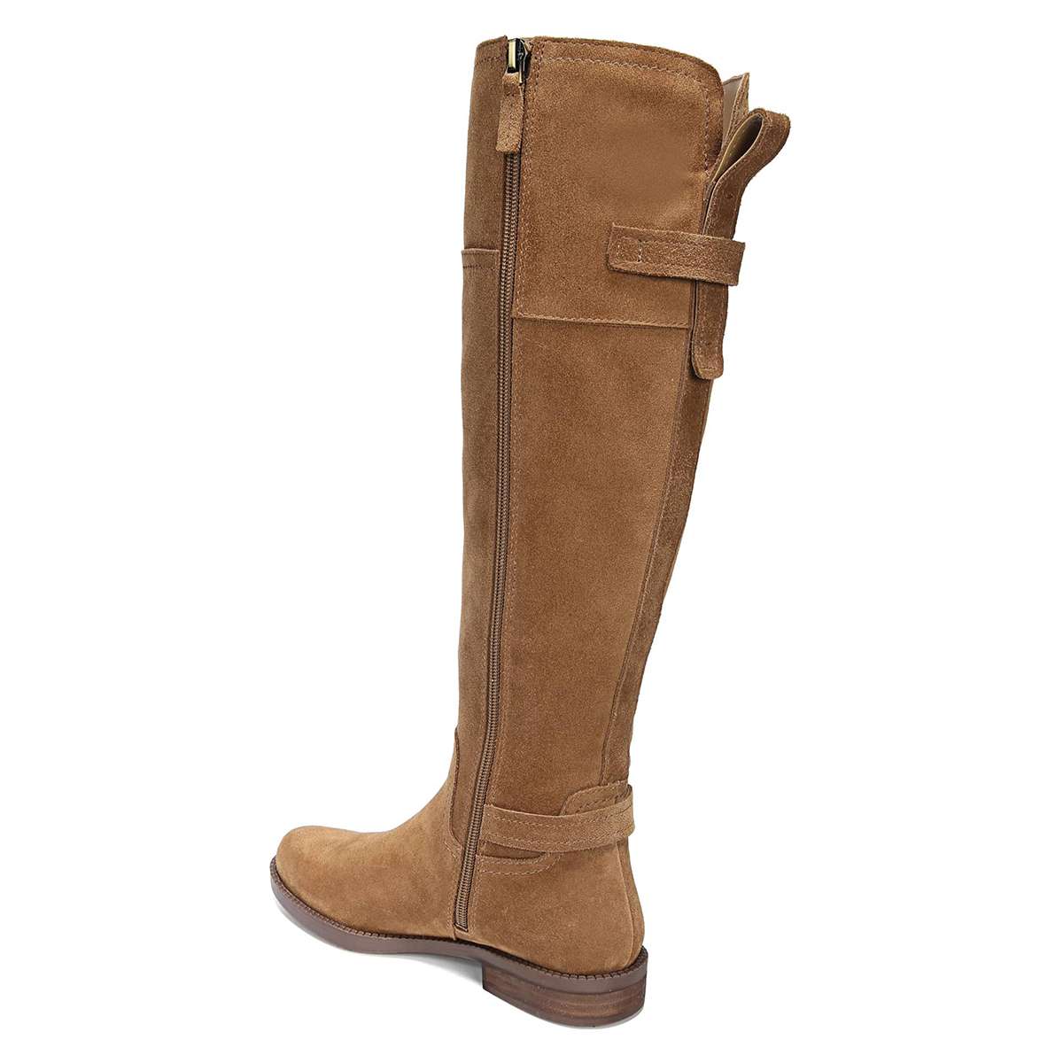 Tan Vegan Suede Round Toe Flat Knee High Boots with Zip