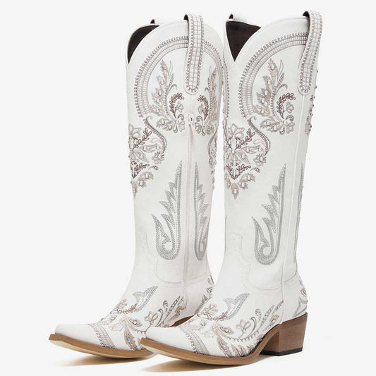 White Rhinestone Embroidered Chunky Heel Cowboy Knee High Boots