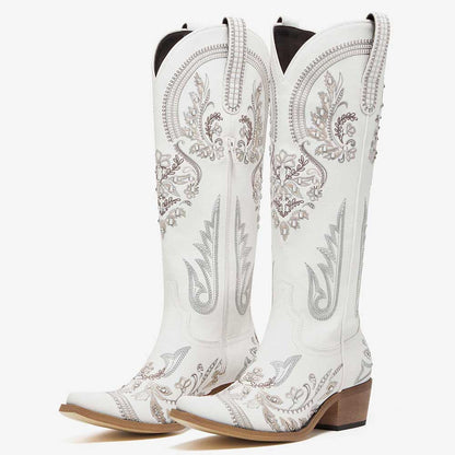 White Rhinestone Embroidered Chunky Heel Cowboy Knee High Boots