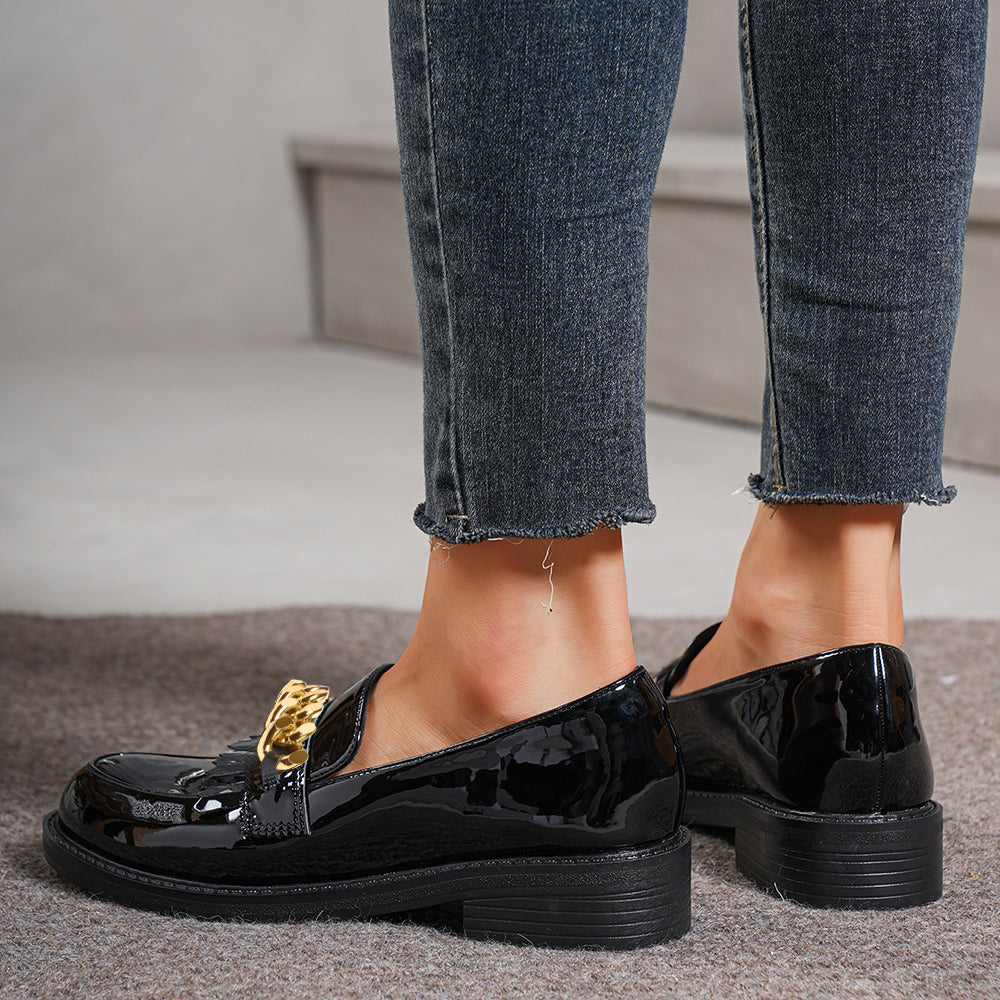 Black Patent Leather Rounded Toe Block Heel Loafers with Gold Chain