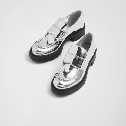 Silver Vegan Leather Round Toe Block Heel Platform Loafers