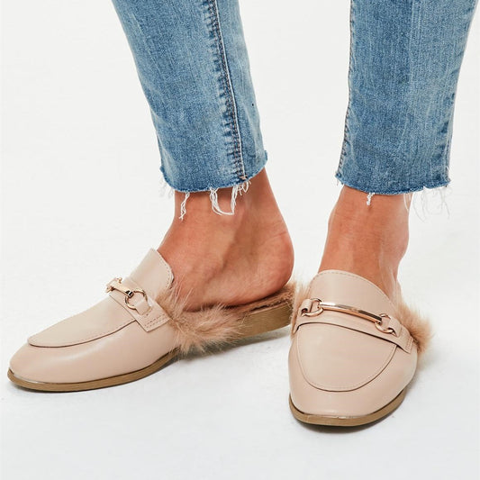 Nude Faux Fur Slip-On Flat Mule Loafers for Women