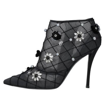 Black Mesh Pointed Toe Crystal Floral Stiletto Heel Ankle Boots