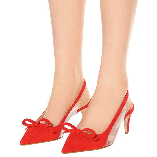 Women's Clear Slingback Pumps Red Pointed Toe Bow Heels