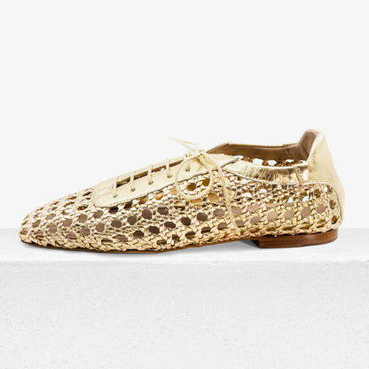 Vegan leather Square Toe Woven Flats Lace-Up Shoes in Gold