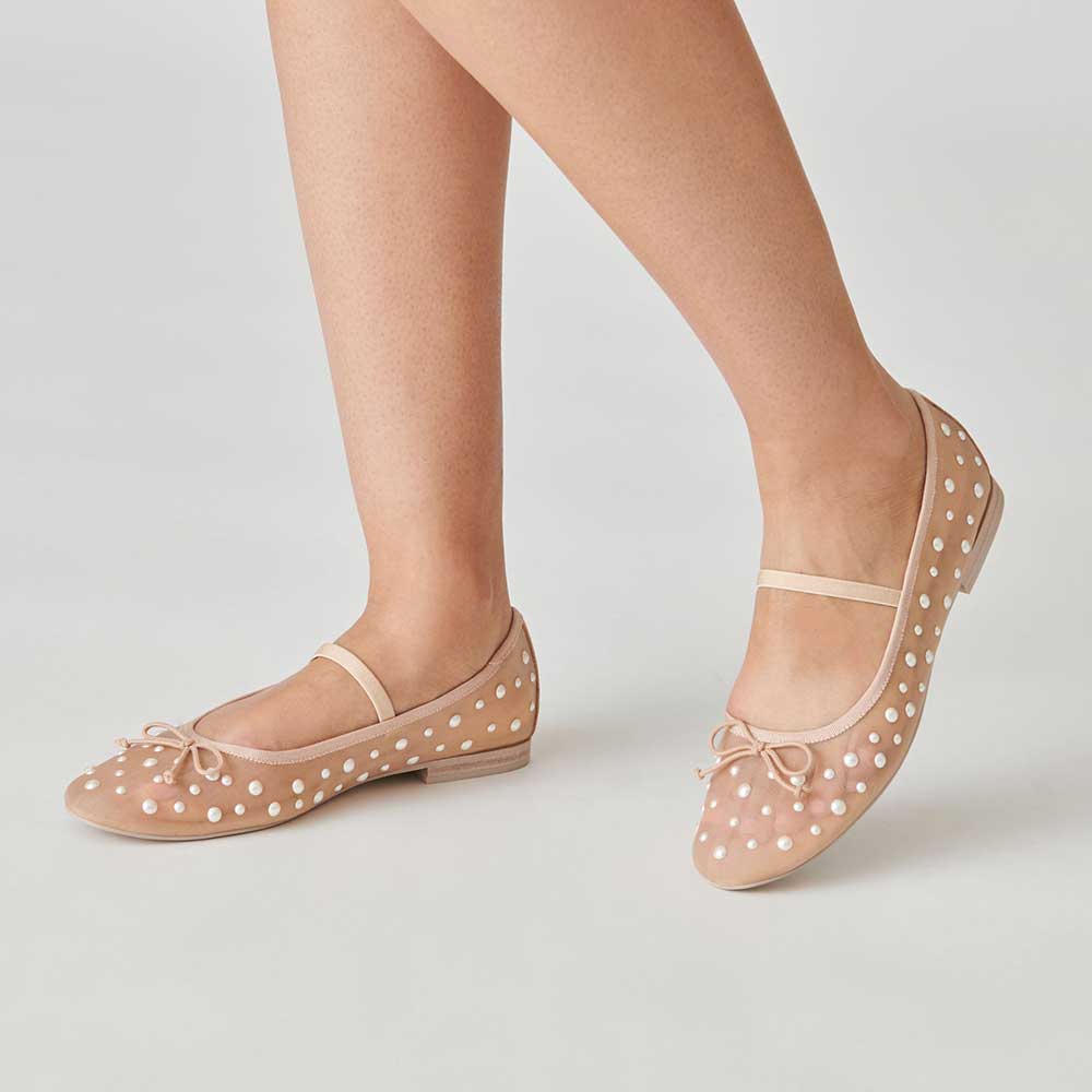 Nude Round Toe Bow Decor Mesh Flats with Pearl Embellished