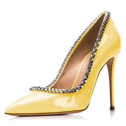 Yellow Chain Stiletto Heels Pointed Toe Pumps